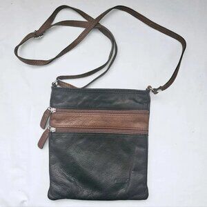 Florence 100% Black & Brown Leather Crossbody Adjustable Strap  Zipper purse